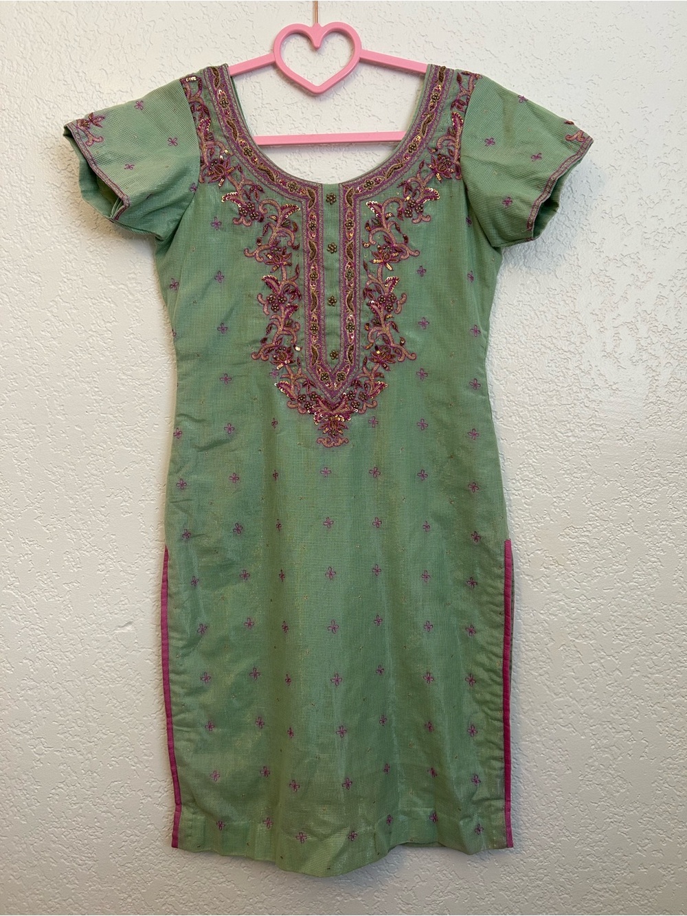 Ethnic Indian Kurta Tunic, Embroidered with Pink Accents